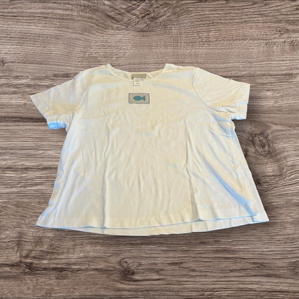 Coldwater Creek White Short Sleeve T-Shirt Tee Appliqué Embroidered Fish Plus 1X